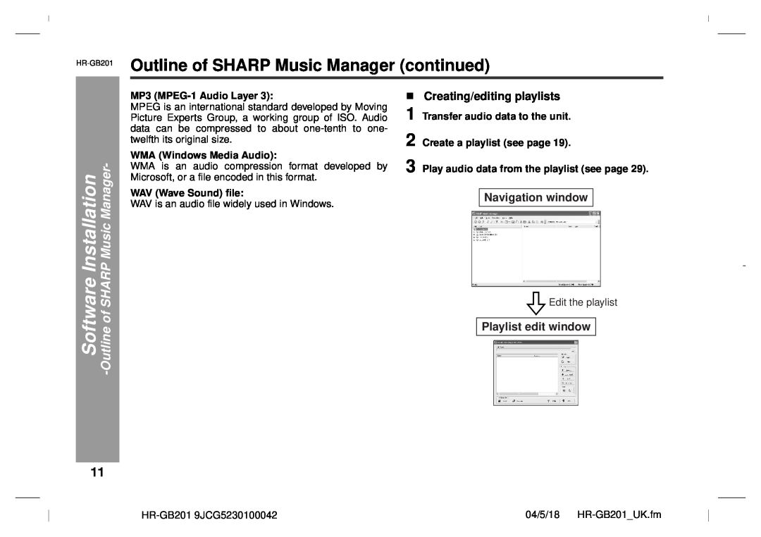 Sharp GB201 Installation, Software Outline of, Outline of SHARP Music Manager continued, SHARPMusic Manager 