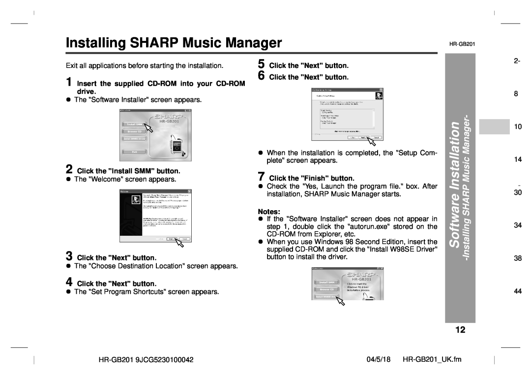 Sharp GB201 Installing SHARP Music Manager, Software, Exit all applications before starting the installation, drive 
