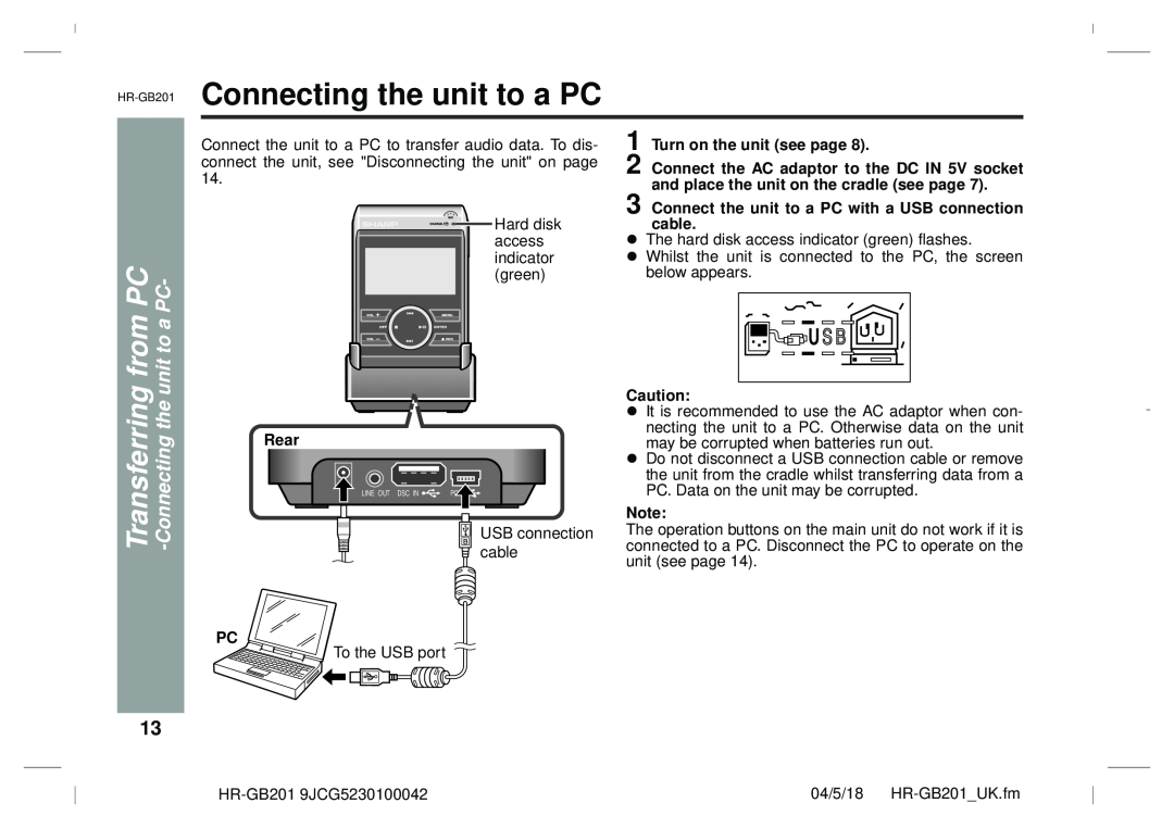 Sharp HR-GB201 Connecting the unit to a PC, Transferringfrom, Connectingthe unit to a, Turn on the unit see page, Rear 
