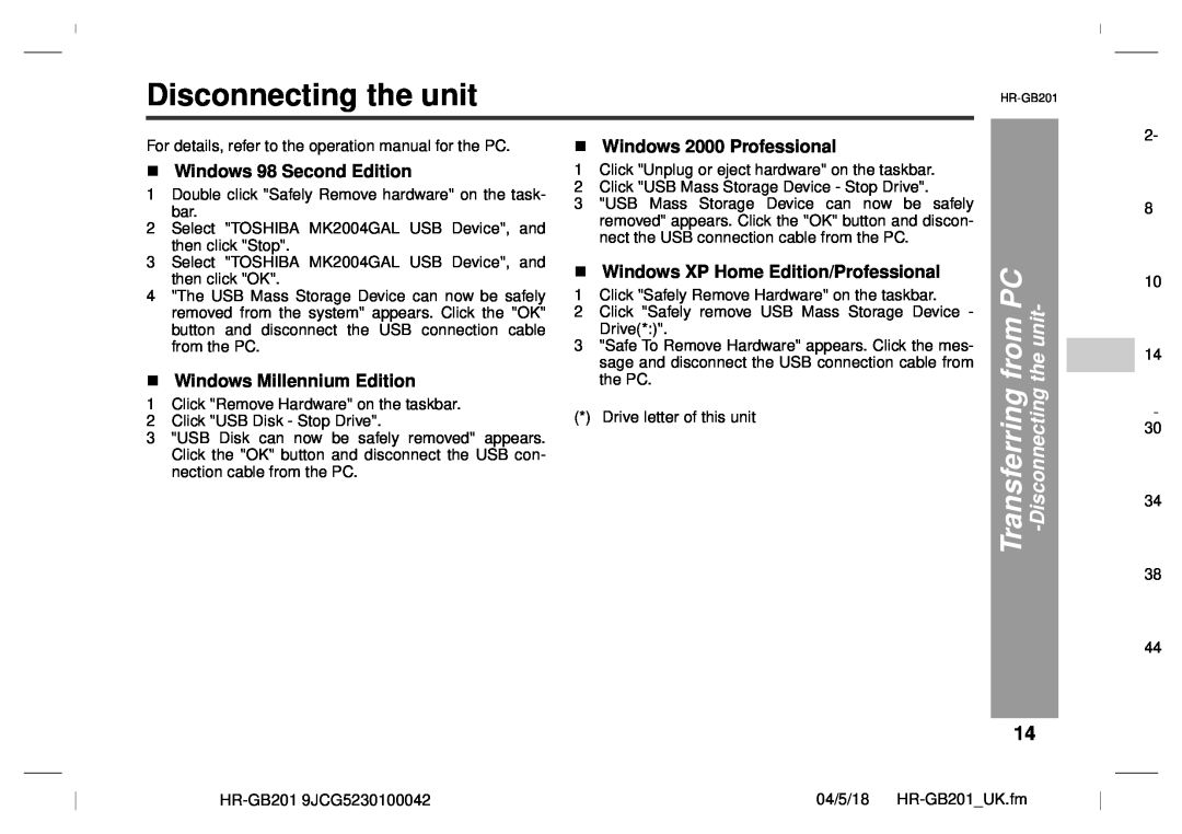 Sharp GB201 Disconnecting the unit, from PC, Transferring, Windows 98 Second Edition, Windows Millennium Edition 