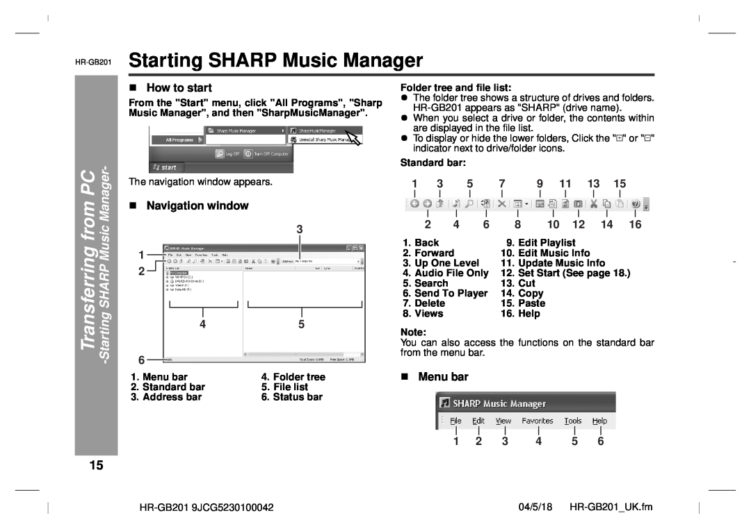 Sharp GB201 Starting SHARP Music Manager, How to start, Menu bar, Folder tree and file list, Standard bar, File list, Back 