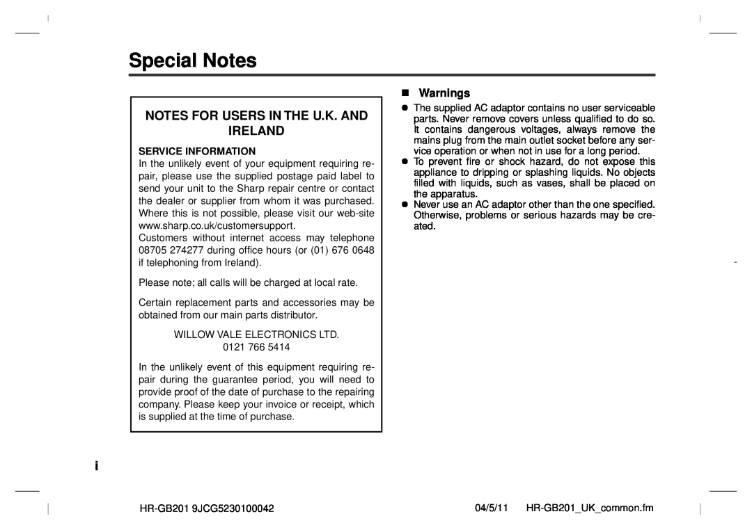 Sharp GB201 operation manual Special Notes, Notes For Users In The U.K. And Ireland, Warnings, Service Information, 0303 