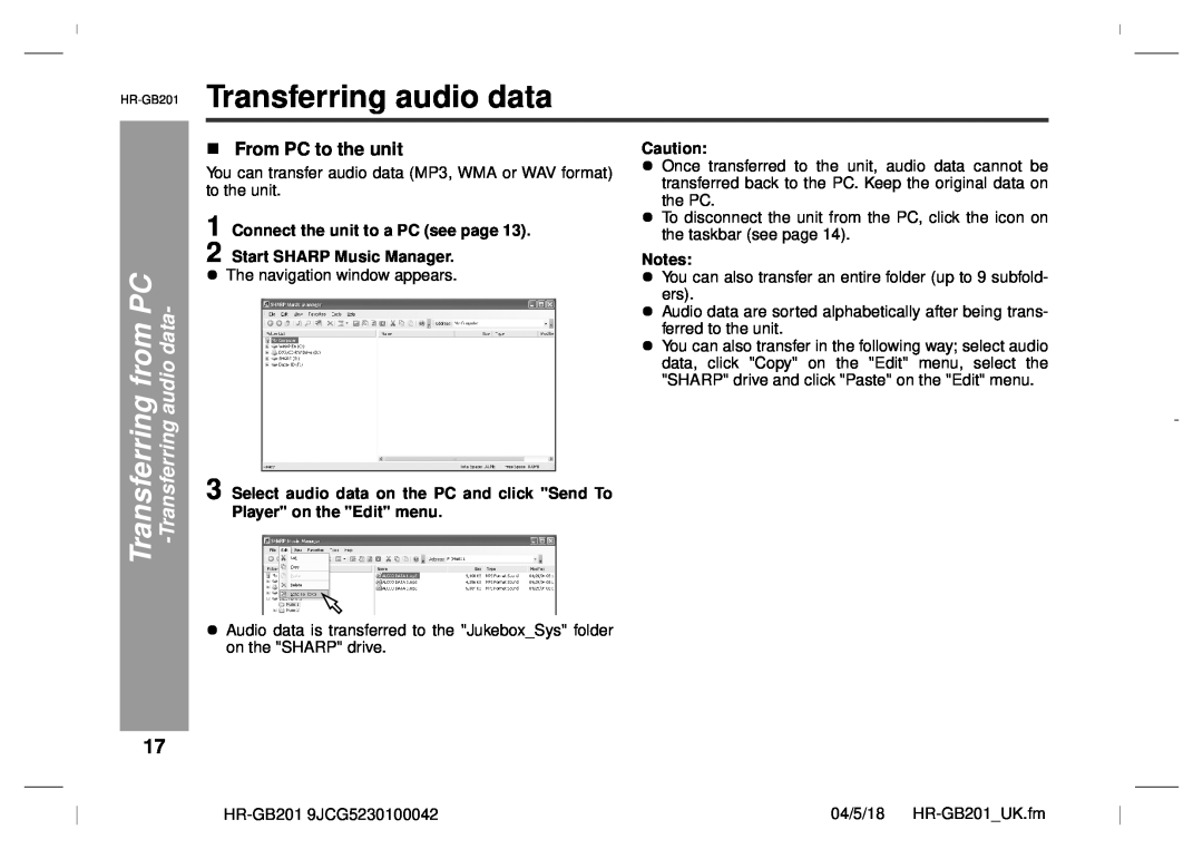 Sharp GB201 operation manual Transferring audio data, from PC audio data, From PC to the unit 