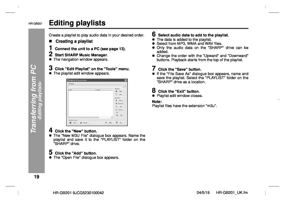 Sharp GB201 Transferring from PC -Editing playlists, Creating a playlist, Click Edit Playlist on the Tools menu 