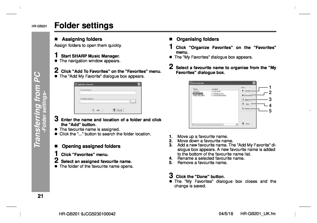 Sharp GB201 Transferring from PC -Folder settings, Assigning folders, Organising folders, Opening assigned folders 