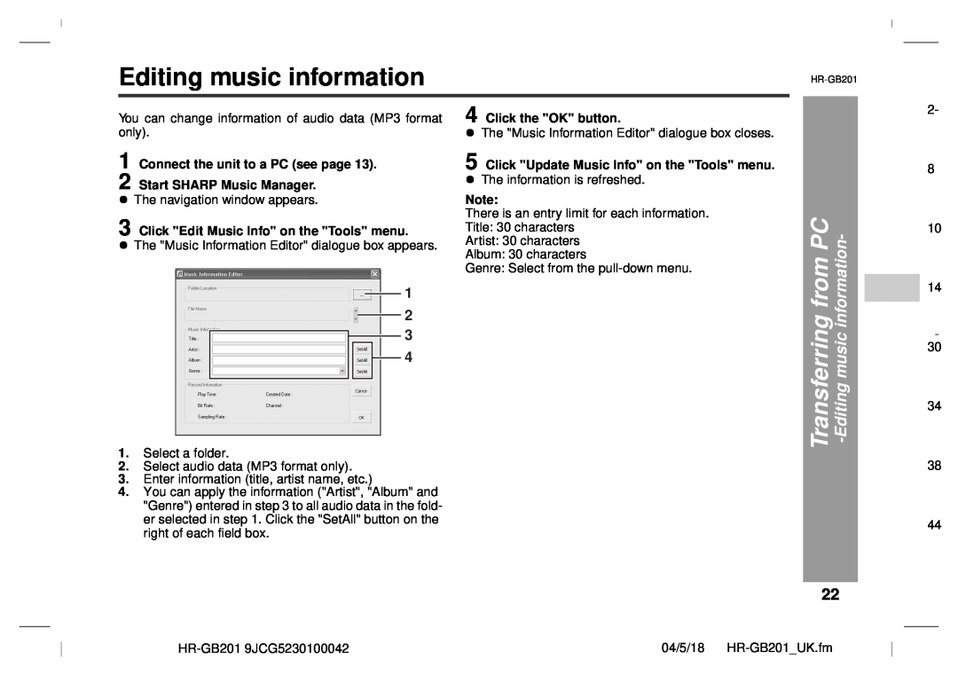 Sharp GB201 operation manual Transferring from PC -Editing music information, Click Edit Music Info on the Tools menu 