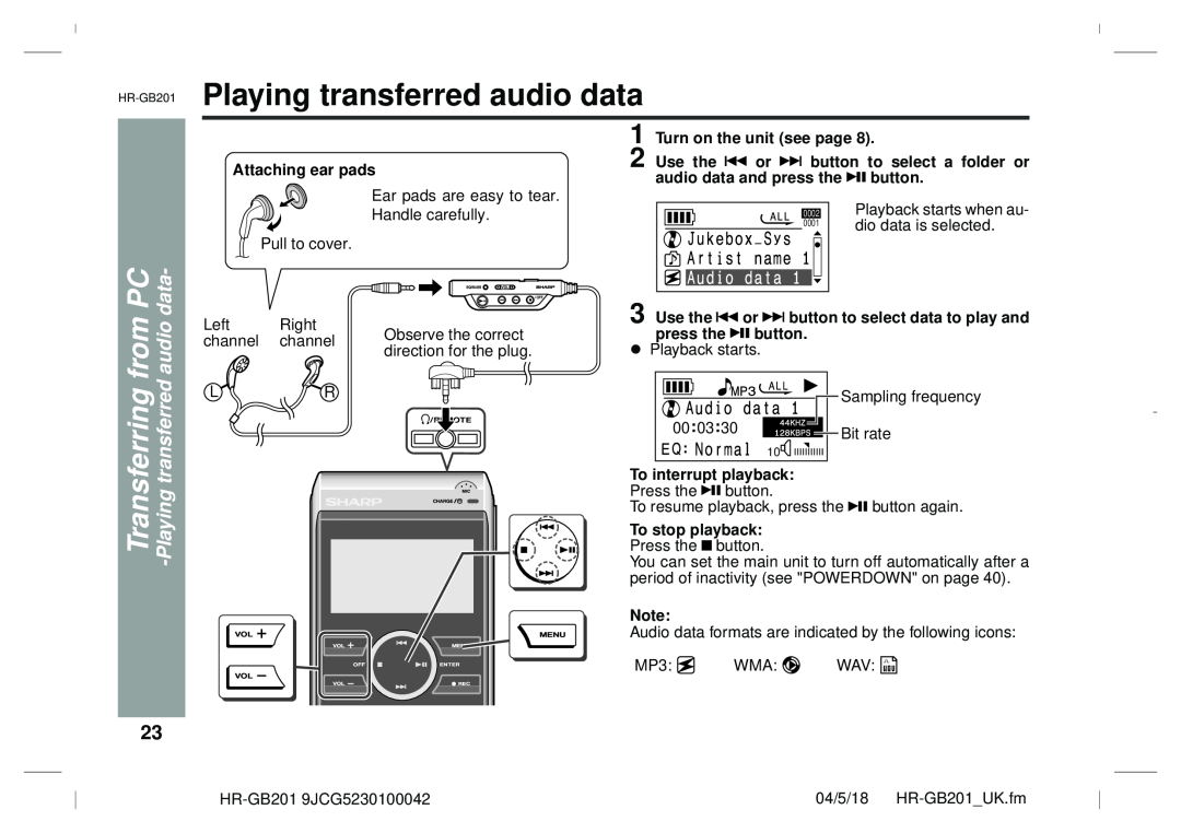 Sharp GB201 Playing transferred audio data, PC data, Transferring, from audio, Turn on the unit see page, Use the, button 