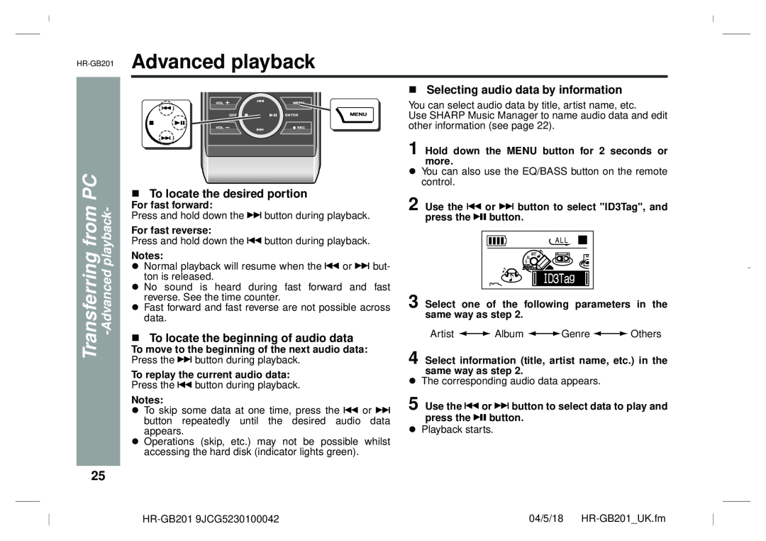 Sharp GB201 Advanced playback, To locate the desired portion, Selecting audio data by information, For fast forward 