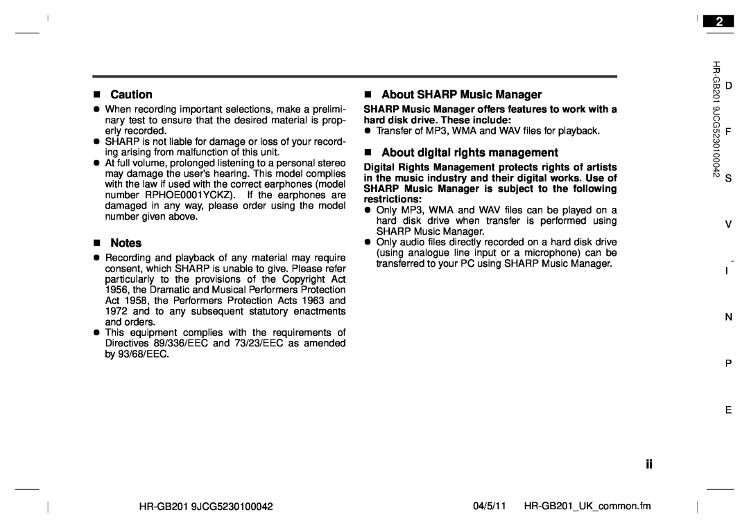 Sharp GB201 operation manual About SHARP Music Manager, About digital rights management 