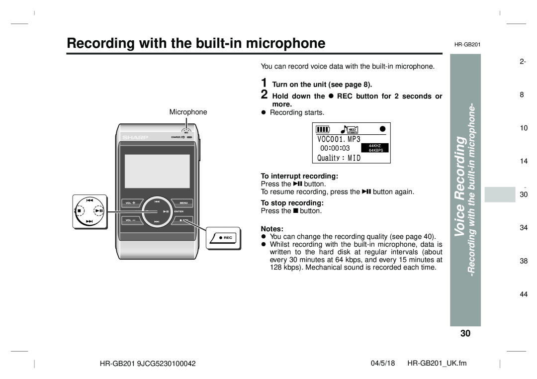 Sharp GB201 Voice Recording -Recording with the built-in microphone, Hold down the REC button for 2 seconds or, more 