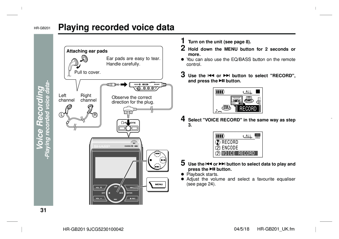 Sharp GB201 operation manual Playing recorded voice data, Voice -Playing, Hold down the MENU button for 2 seconds or more 