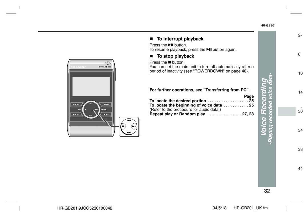 Sharp GB201 operation manual Voice Recording -Playing recorded voice data, To interrupt playback, To stop playback 