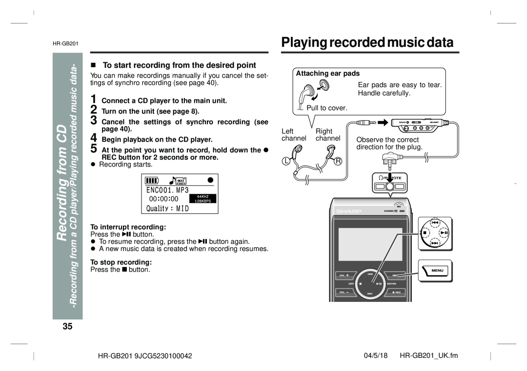 Sharp GB201 CD musicrecorded -data, fromRecording, To start recording from the desired point, Playing recorded music data 