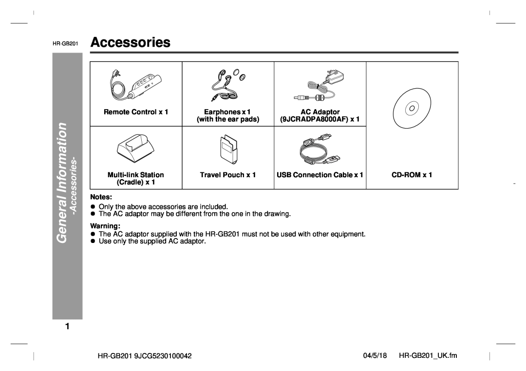 Sharp GB201 operation manual General Information -Accessories, Only the above accessories are included 