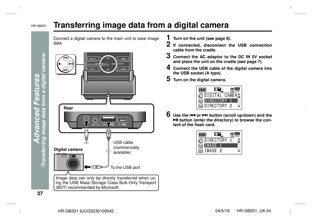 Sharp GB201 Transferring image data from a digital camera, Features, Advanced, imagedata, Turn on the digital camera, Rear 