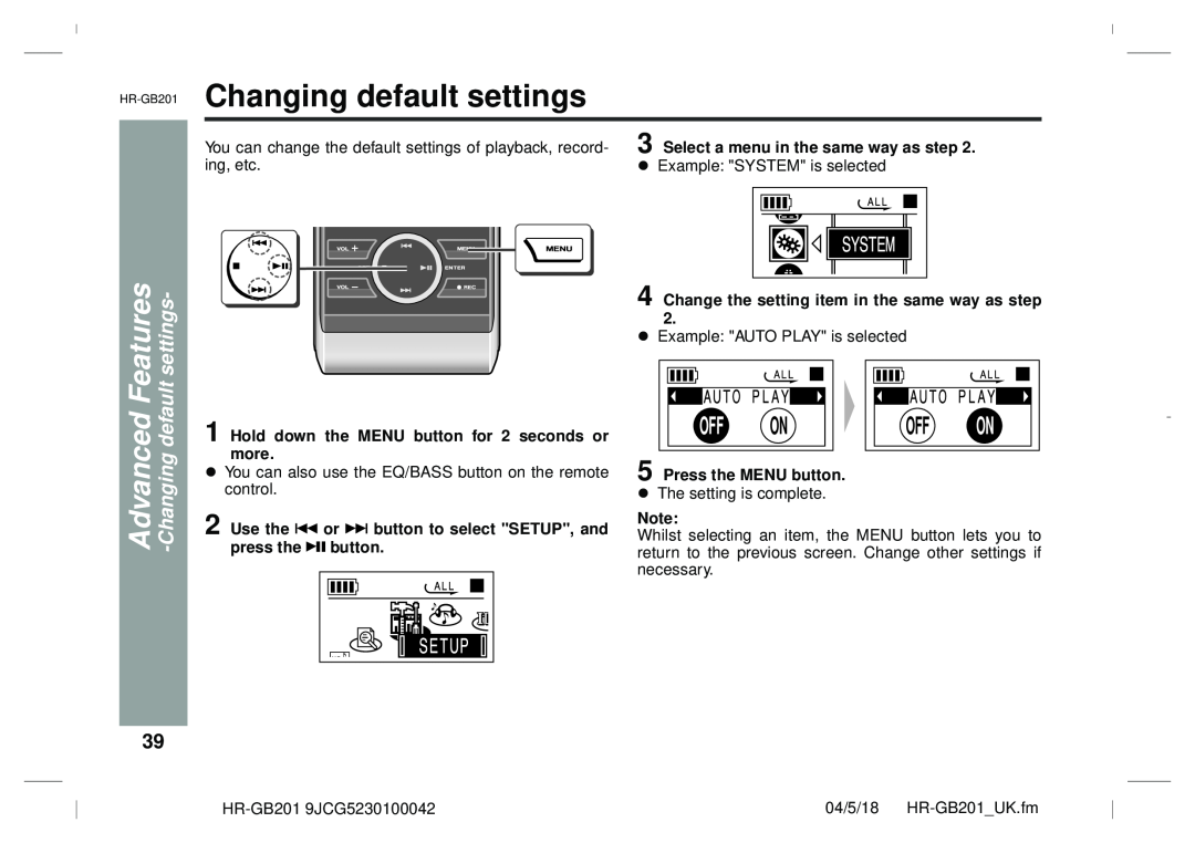 Sharp GB201 Changing default settings, Change the setting item in the same way as step, Press the MENU button 