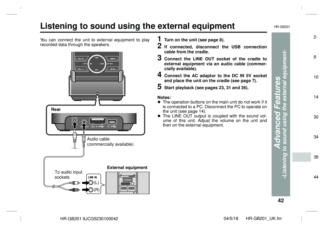 Sharp GB201 Listening to sound using the external equipment, Advanced, Start playback see pages 23, 31 and, Features, Rear 