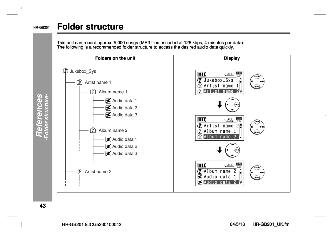 Sharp operation manual Folder structure, References, Folders on the unit, Display, HR-GB201, 0000, 0004, 0012 