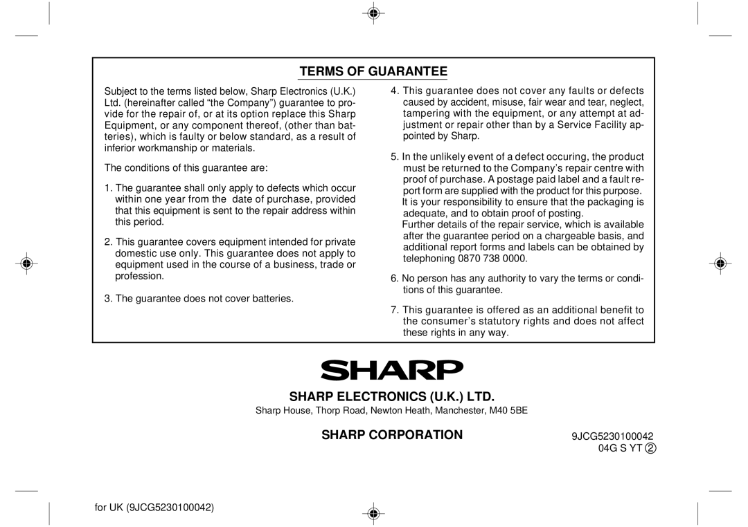 Sharp GB201 operation manual Terms Of Guarantee, Sharp Corporation 