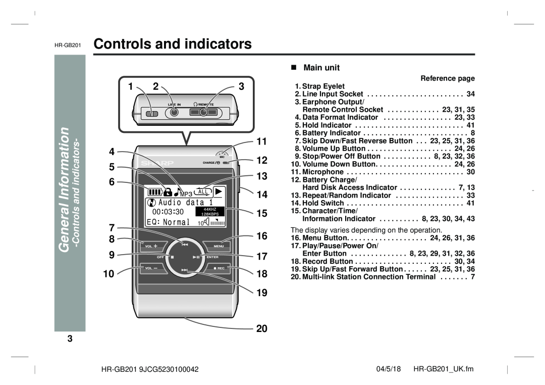 Sharp HR-GB201 Controls and indicators, GeneralInformation, Main unit, Reference page, Strap Eyelet, Earphone Output 
