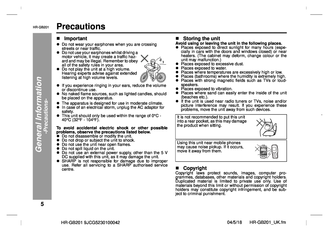 Sharp GB201 operation manual General Information -Precautions, Storing the unit, Copyright 