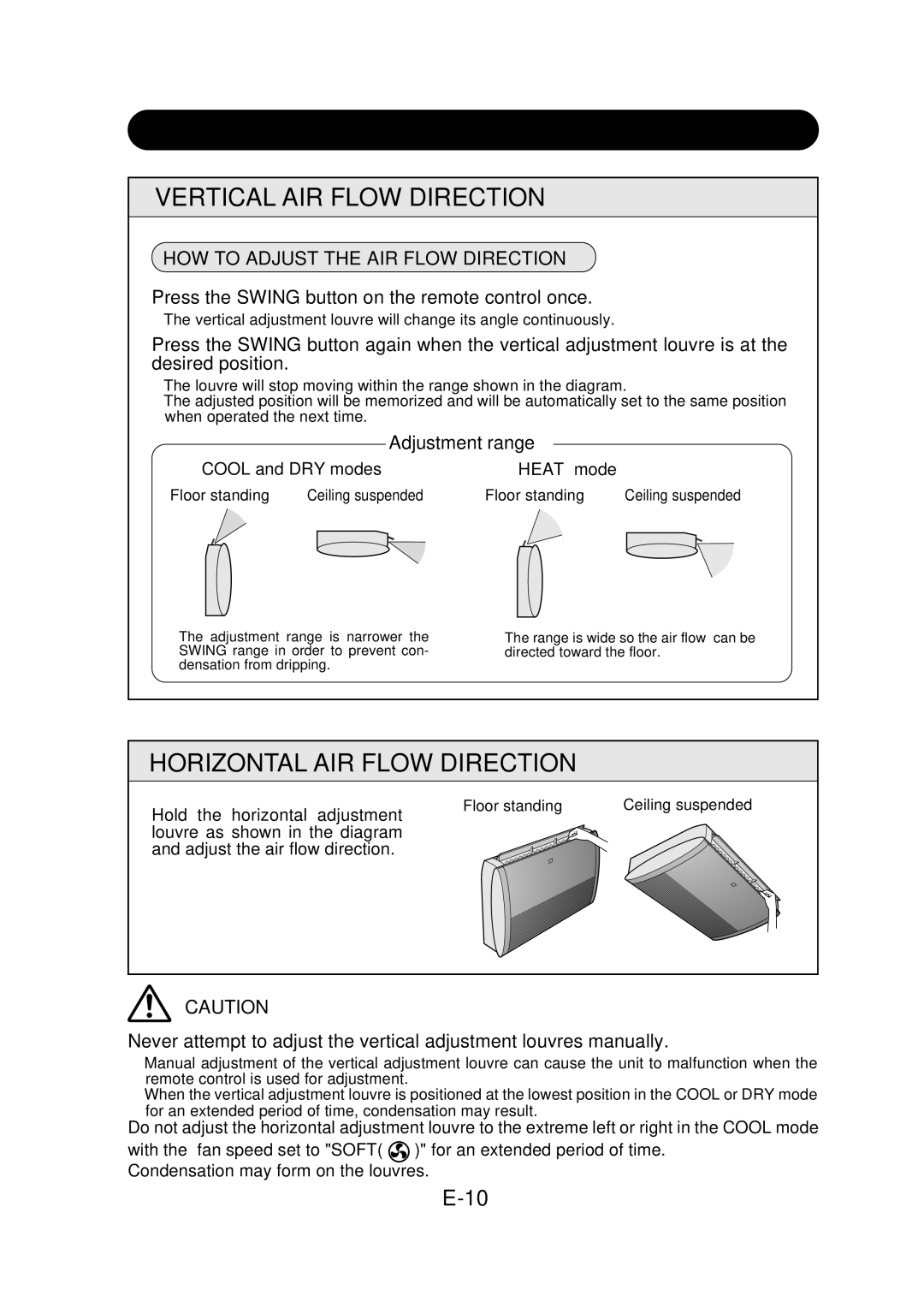 Sharp GS-XP07FR, GS-XP09FR Adjusting the AIR Flow Direction, Vertical AIR Flow Direction, Horizontal AIR Flow Direction 