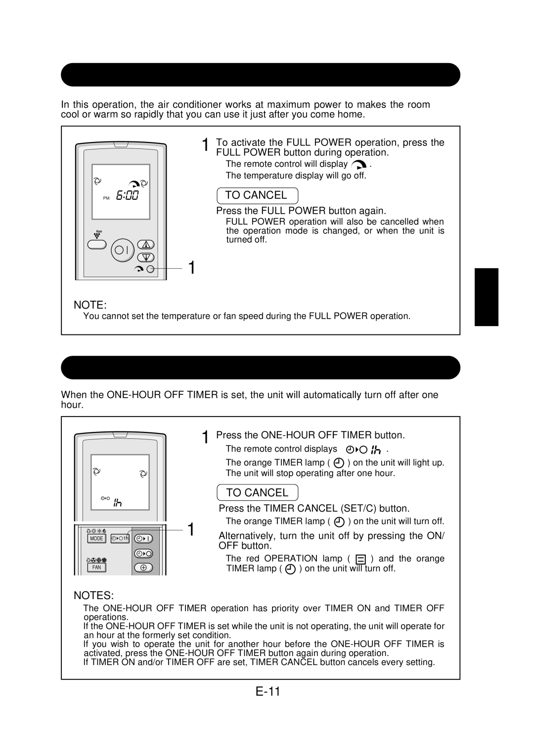 Sharp GS-XP09FR, GS-XP07FR, GS-XP27FR, GS-XP24FR, GS-XP18FR, GS-XP12FR Full Power Operation, ONE-HOUR OFF Timer, To Cancel 