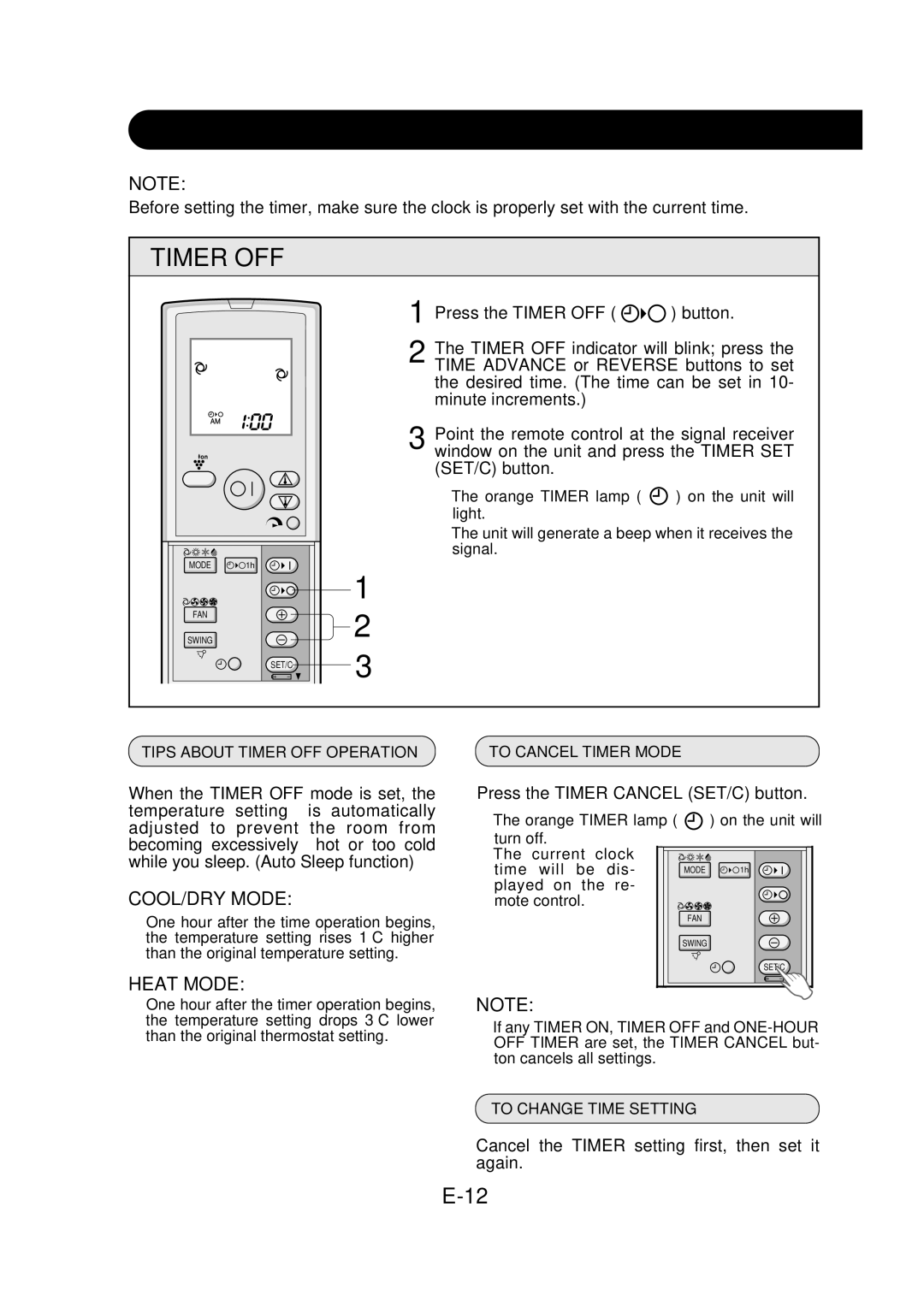 Sharp GS-XP27FR Timer Operation, Timer OFF, COOL/DRY Mode, Heat Mode, Cancel the Timer setting first, then set it again 