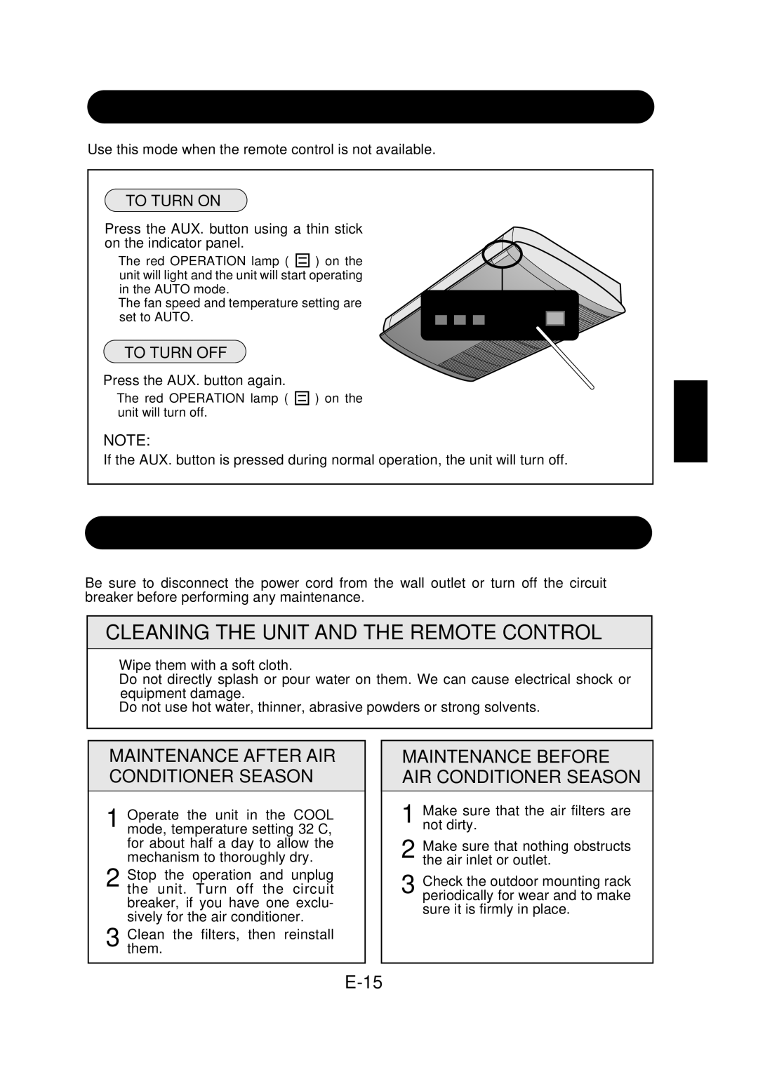 Sharp GS-XP12FR, GS-XP07FR Auxiliary Mode, Maintenance, Cleaning the Unit and the Remote Control, To Turn on, To Turn OFF 