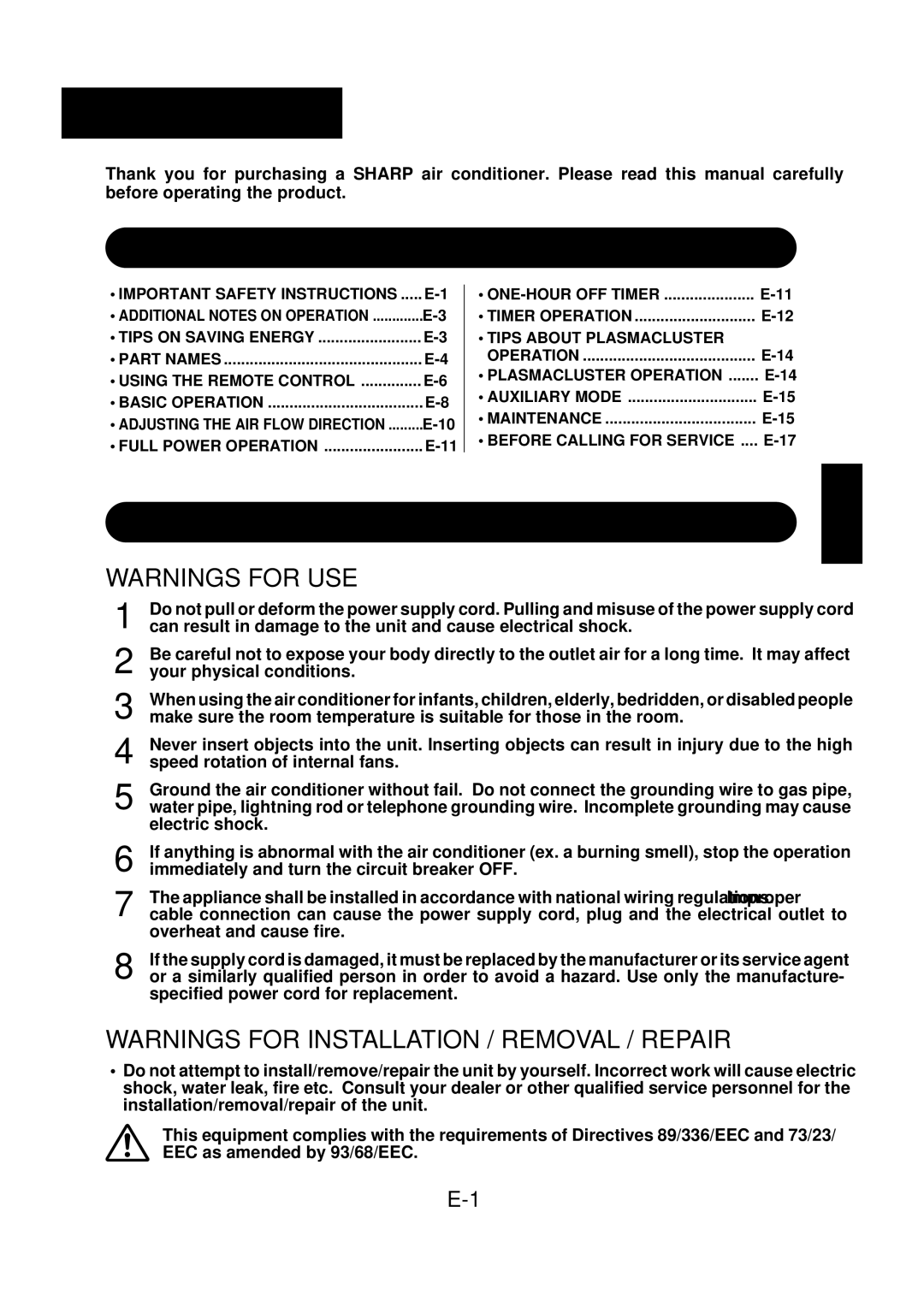 Sharp GS-XP24FR, GS-XP07FR, GS-XP09FR, GS-XP27FR, GS-XP18FR, GS-XP12FR operation manual Contents, Important Safety Instructions 