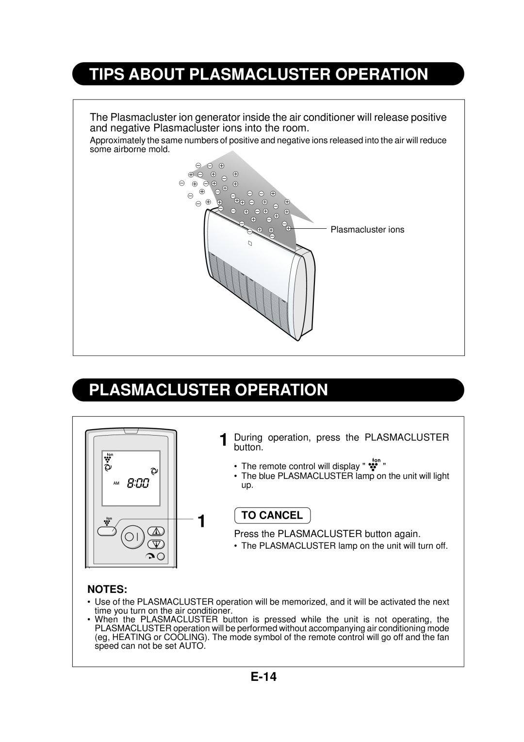 Sharp GS-XP18FR, GS-XP07FR, GS-XP09FR, GS-XP27FR, GS-XP24FR, GS-XP12FR operation manual Tips About Plasmacluster Operation, E-14 