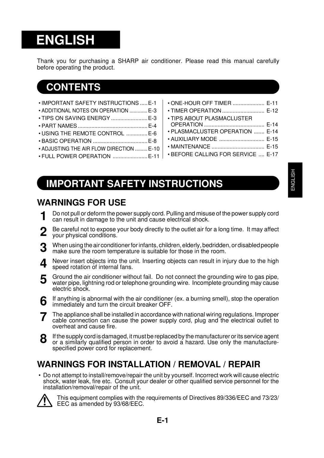 Sharp GS-XP24FR Contents, Important Safety Instructions, Warnings For Use, Warnings For Installation / Removal / Repair 