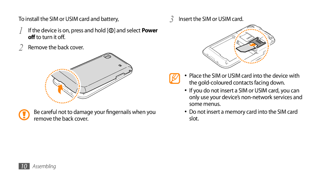 Sharp GT-I9000 user manual Off to turn it off Remove the back cover, Some menus, Remove the back cover Slot 