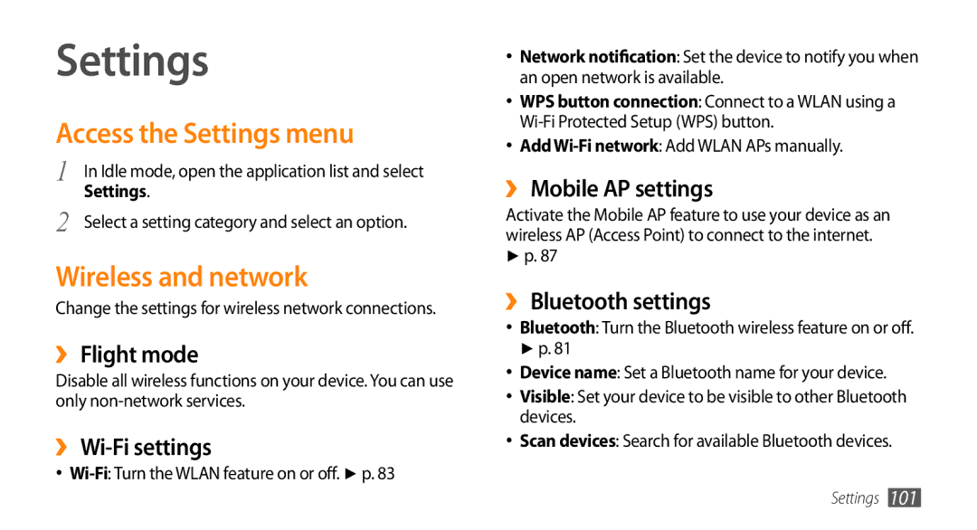 Sharp GT-I9000 user manual Access the Settings menu, Wireless and network 