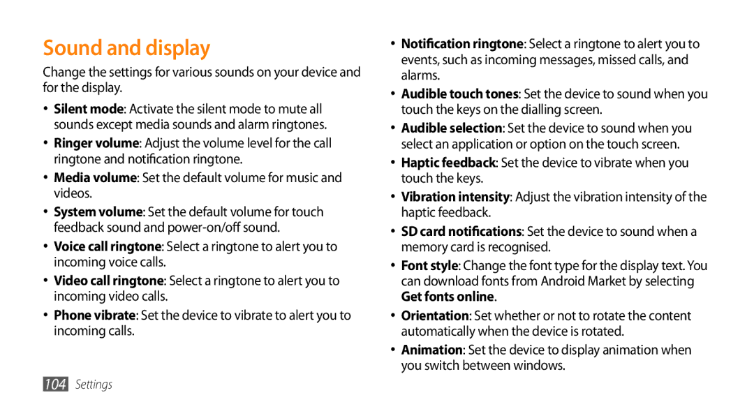 Sharp GT-I9000 user manual Sound and display, Media volume Set the default volume for music and videos 