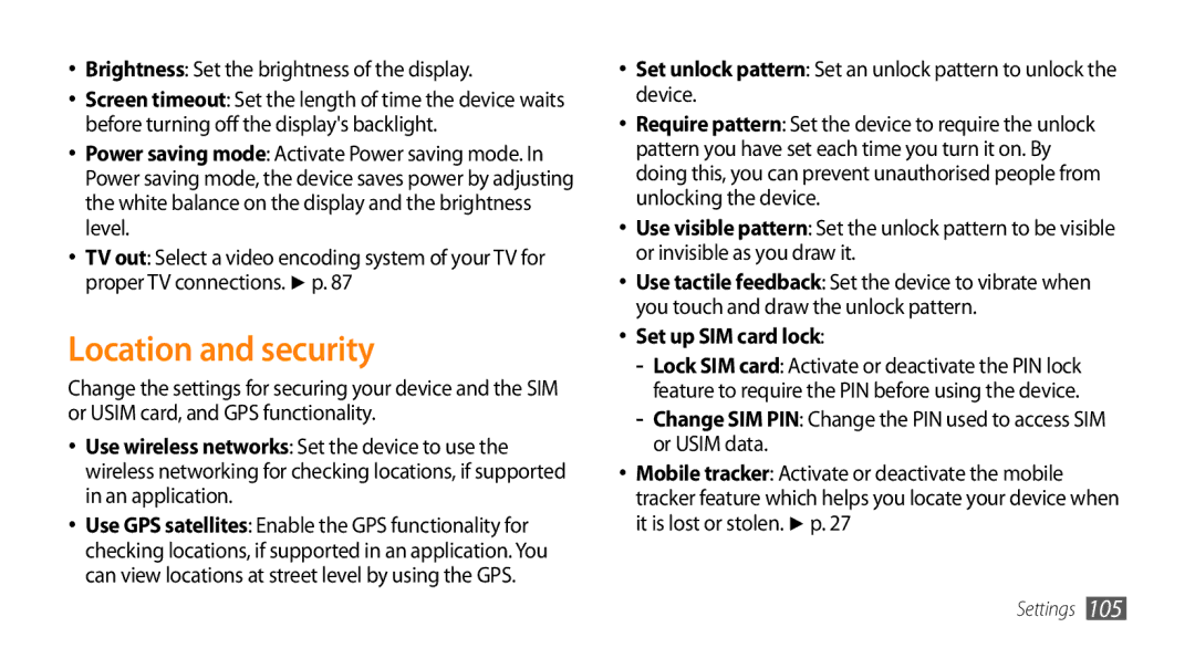 Sharp GT-I9000 user manual Location and security, Brightness Set the brightness of the display, Set up SIM card lock 