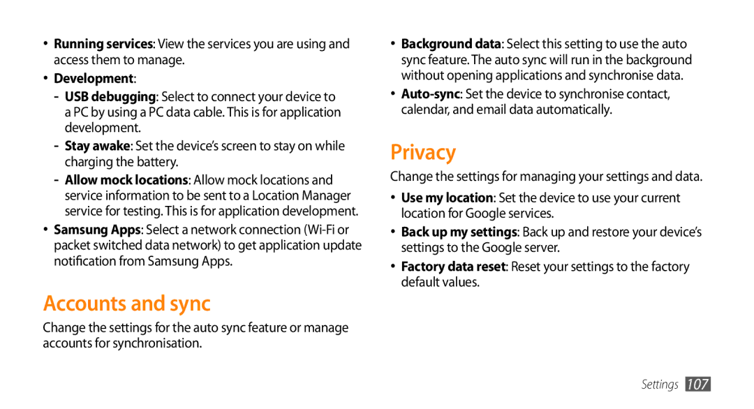 Sharp GT-I9000 user manual Accounts and sync, Privacy, Development 