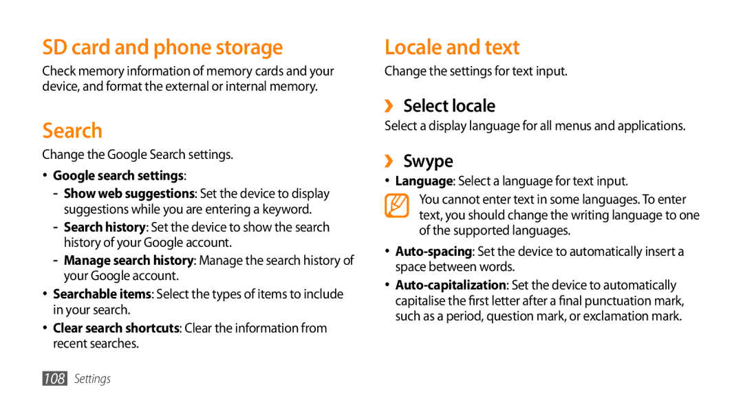 Sharp GT-I9000 user manual SD card and phone storage, Search, Locale and text, ›› Select locale, ›› Swype 