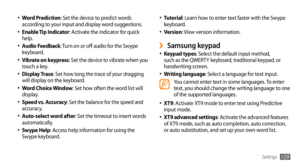 Sharp GT-I9000 user manual ›› Samsung keypad, Enable Tip Indicator Activate the indicator for quick help 