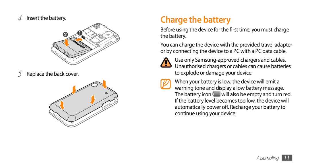 Sharp GT-I9000 user manual Charge the battery, Insert the battery Replace the back cover 