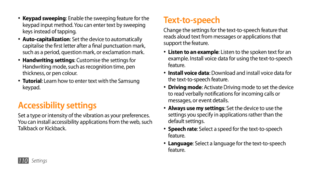 Sharp GT-I9000 user manual Accessibility settings, Text-to-speech, Tutorial Learn how to enter text with the Samsung keypad 