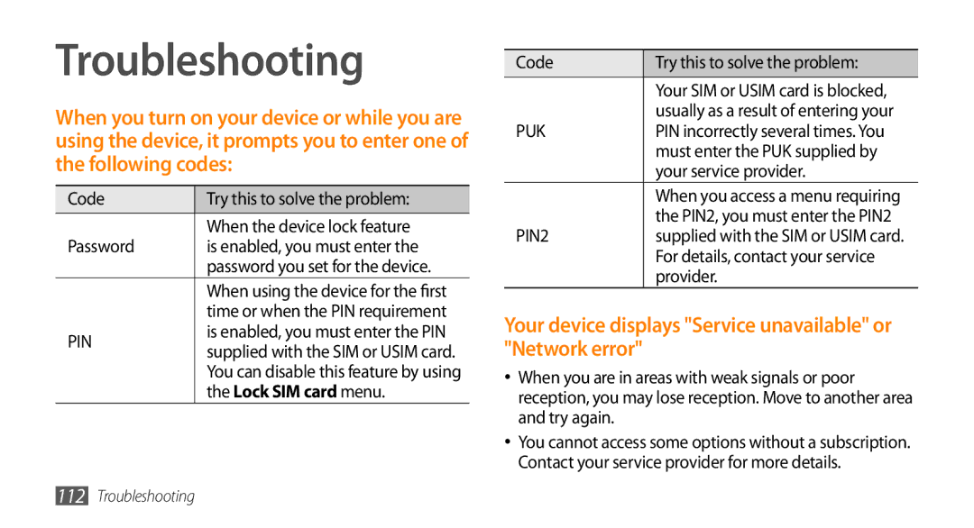 Sharp GT-I9000 user manual Troubleshooting, Your device displays Service unavailable or Network error, Lock SIM card menu 