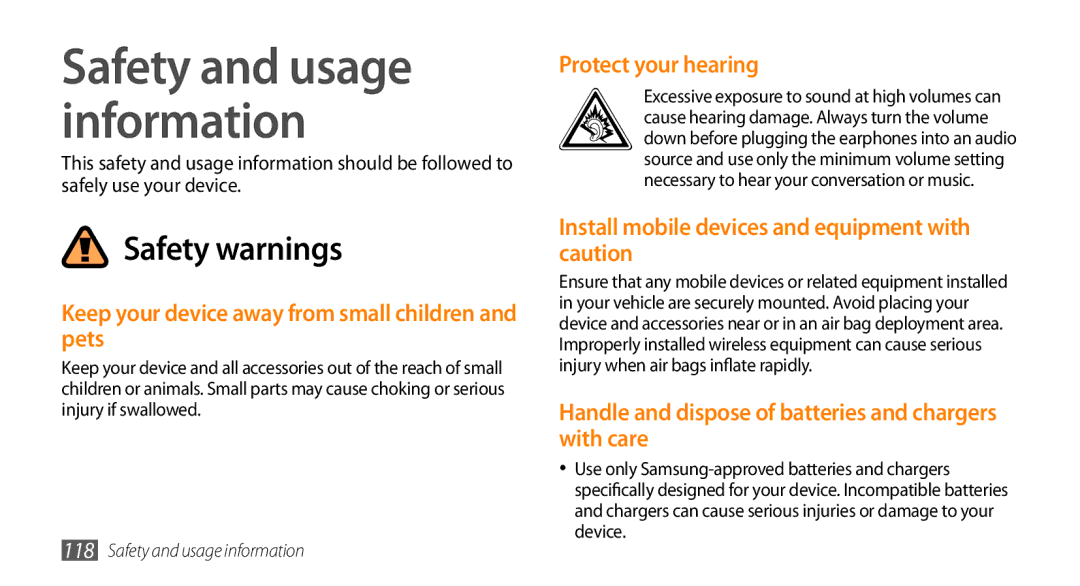 Sharp GT-I9000 user manual Keep your device away from small children and pets, Protect your hearing 