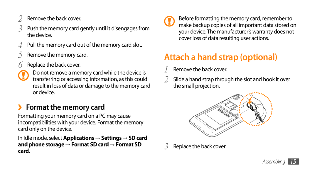 Sharp GT-I9000 user manual Attach a hand strap optional, ›› Format the memory card, Small projection 