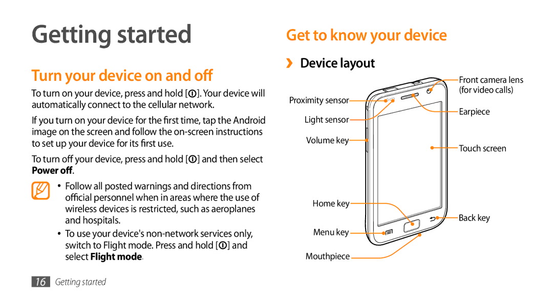 Sharp GT-I9000 user manual Getting started, Turn your device on and off, Get to know your device, ›› Device layout 