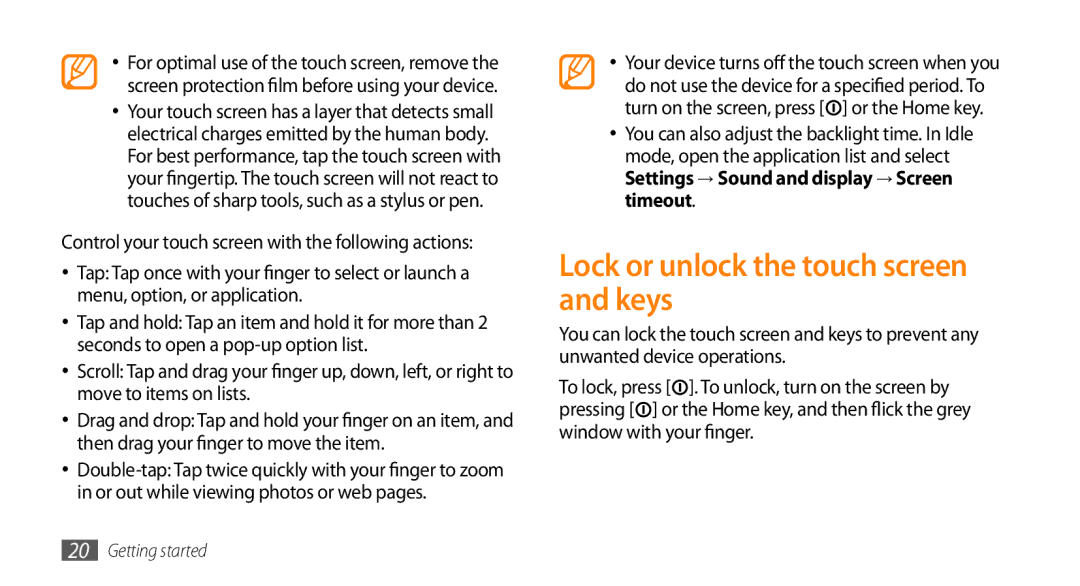 Sharp GT-I9000 user manual Lock or unlock the touch screen and keys 