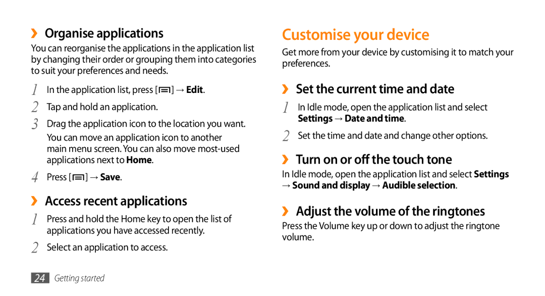 Sharp GT-I9000 user manual Customise your device 