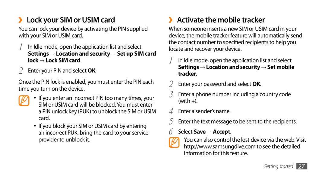 Sharp GT-I9000 user manual ›› Lock your SIM or Usim card, ›› Activate the mobile tracker 