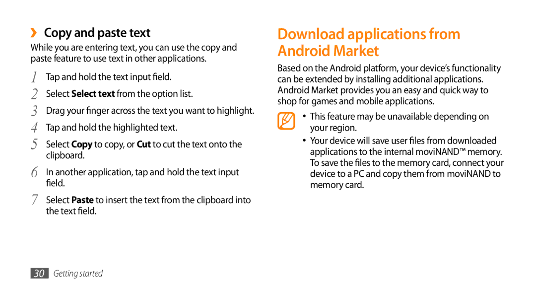 Sharp GT-I9000 user manual Download applications from Android Market, ›› Copy and paste text 