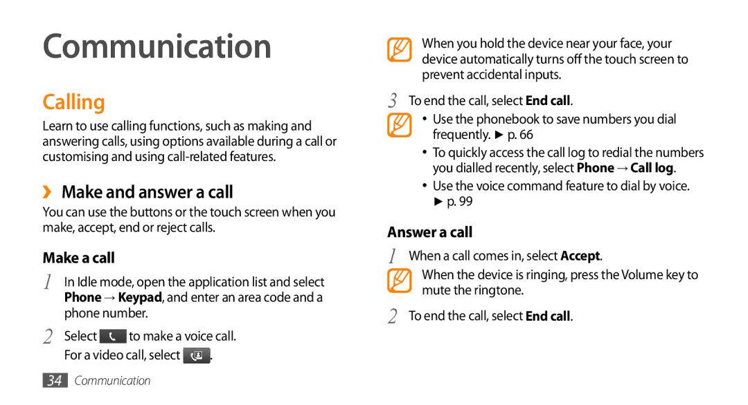 Sharp GT-I9000 user manual Communication, Calling, ›› Make and answer a call, Phone number Select 